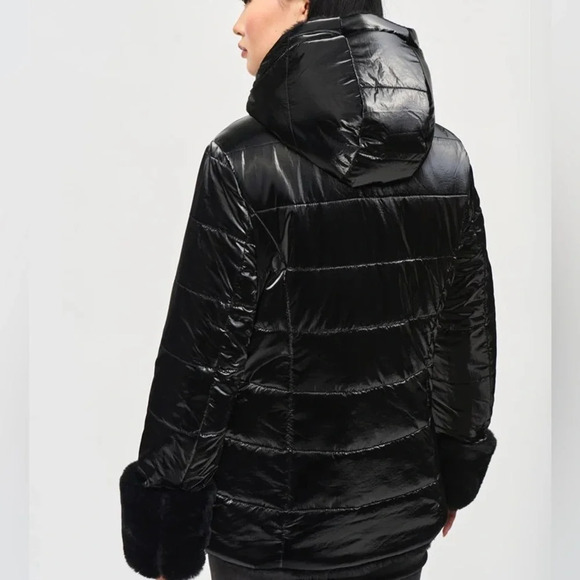 NEW Joseph Ribkoff Sz L Black Reversible Faux Fur Quilted Puffer Coat - Picture 3 of 16